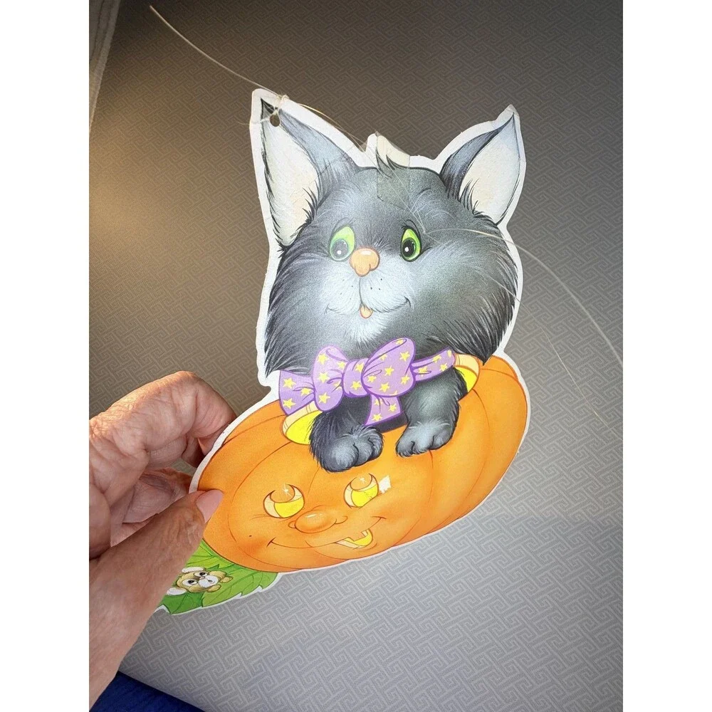 Vintage Halloween Black Cat Pumpkin Mouse Purple Tie Die-Cut Cardboard Wall Door